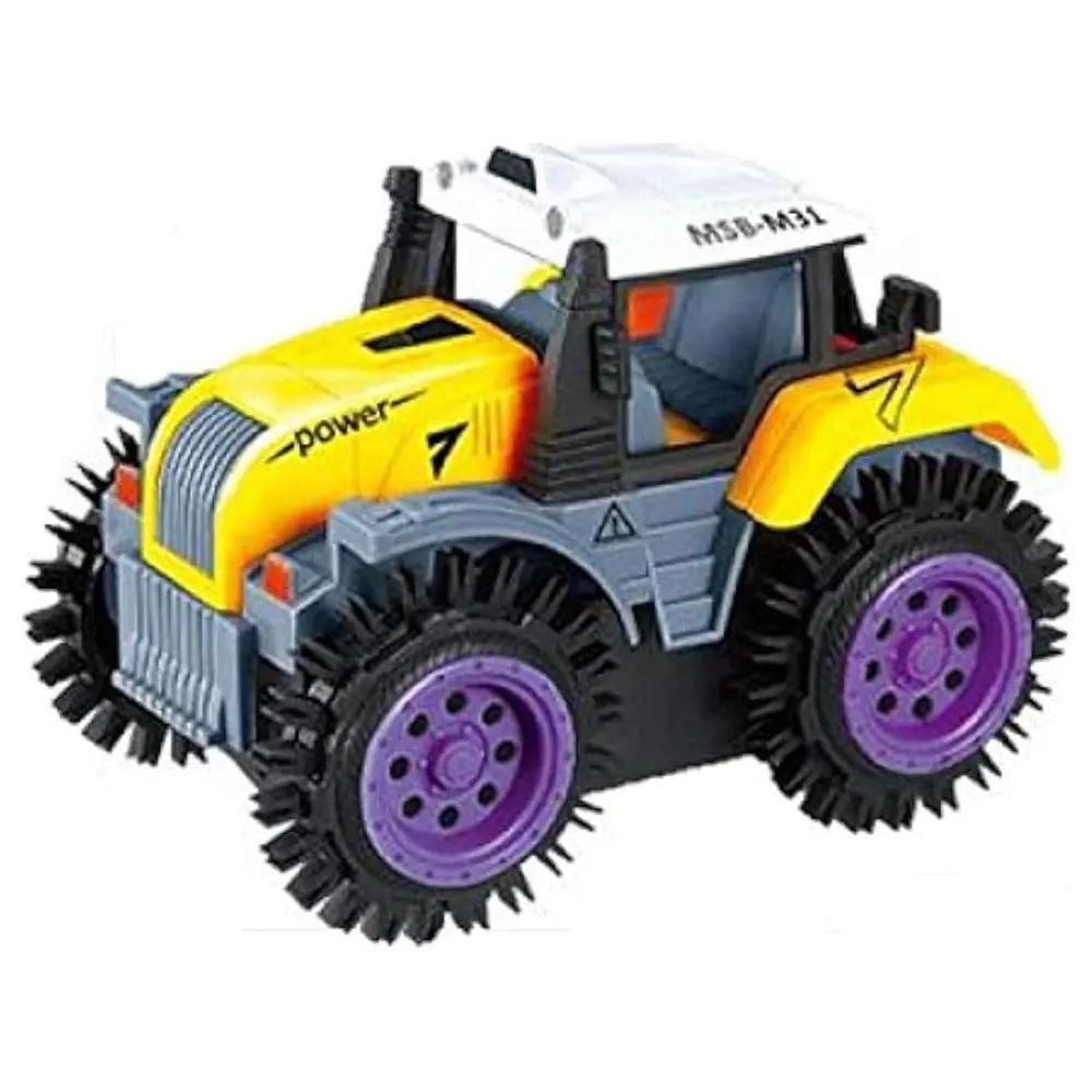 GulfDealz Farm Truck Tipping Car, Battery Operated Stunt Flip Tractor Toy with Big Spiked Tyres, Yellow, Kids 3+