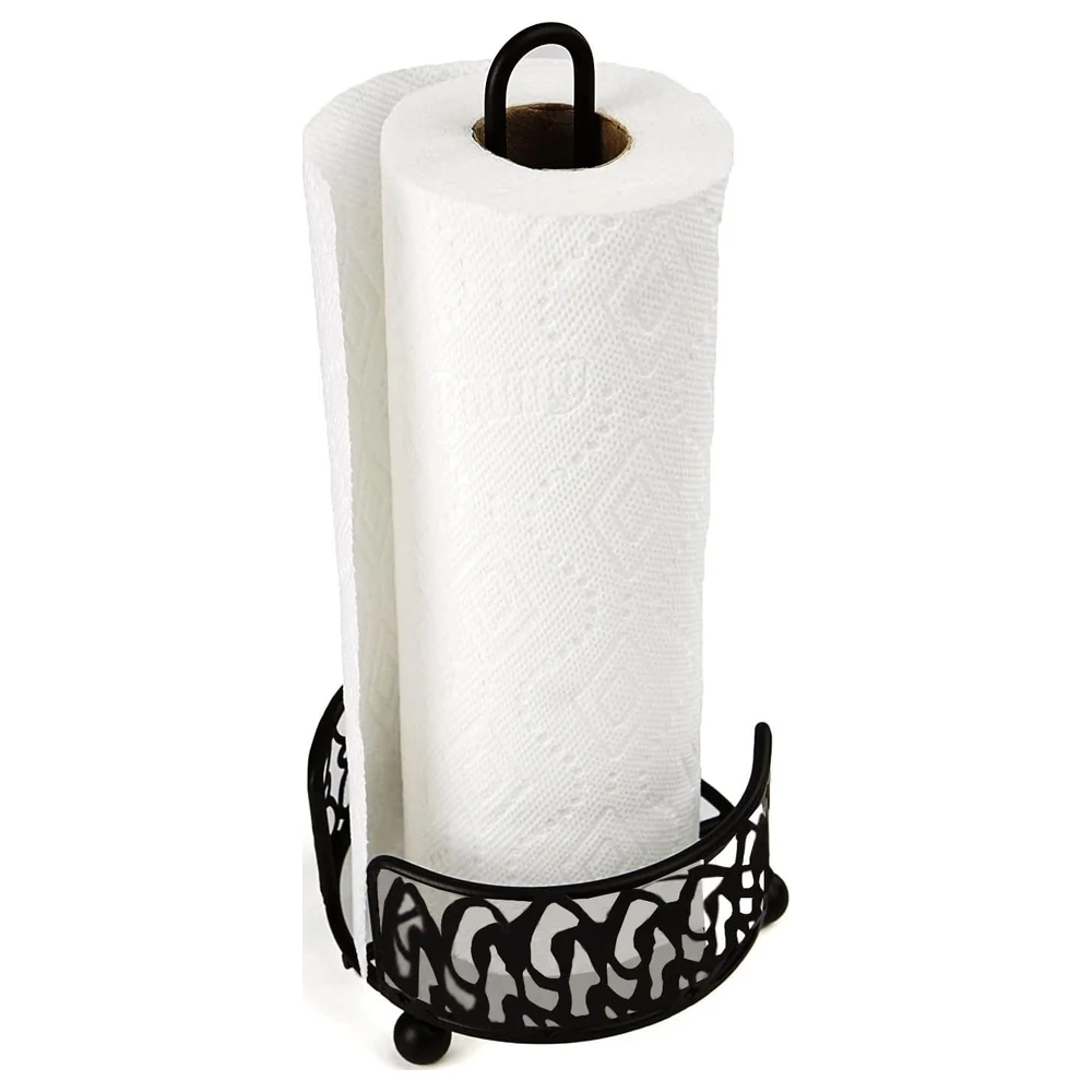 GulfDealz Freestanding Paper Towel Holder for Kitchen Countertop, Black Metal Stand with Decorative Scroll Base and Open Circular Design, Also for Toilet Rolls