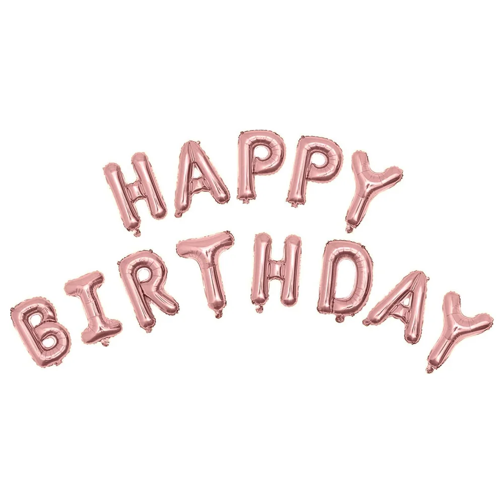 GulfDealz Happy Birthday Letter Foil Balloons 16 Inch, 13 Piece Rose Gold Aluminium Banner Set with Hanging Holes for Party Wall Decor