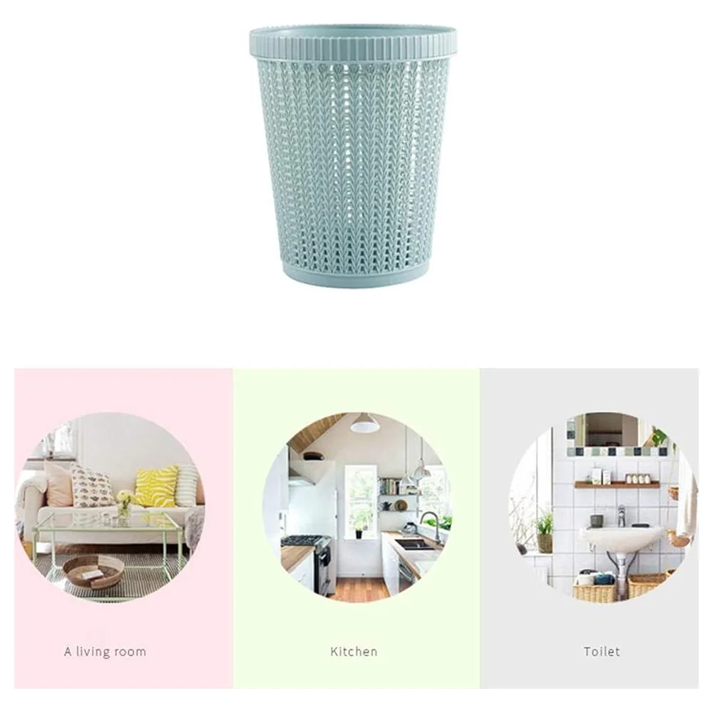 GulfDealz Hollow Design Plastic Trash Basket with Built-In Bag Box, Lightweight Round Waste Bin for Home, Office, Bedroom and Kitchen, Blue
