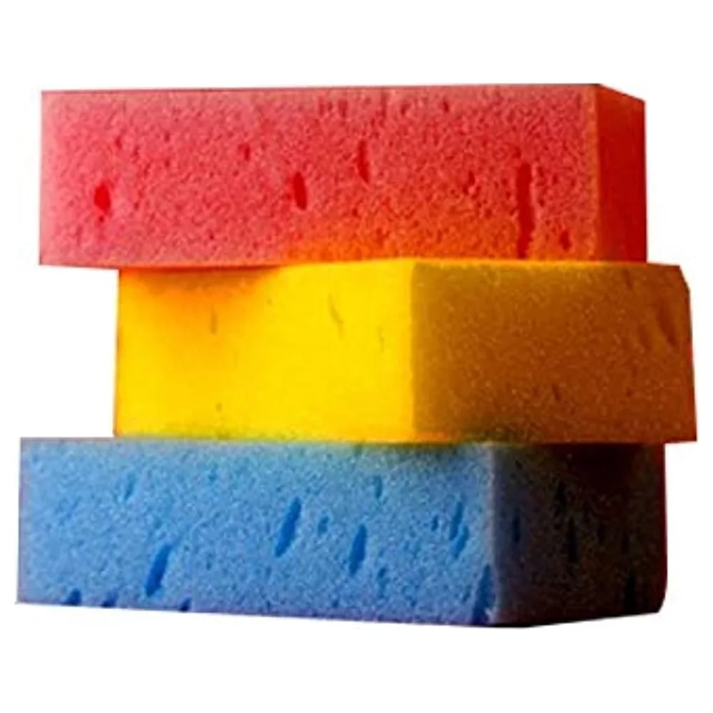 GulfDealz Kitchen Scrub Sponges Pack of 3, Soft Synthetic Dish and Tableware Cleaning Sponge Blocks for Pots, Glass and Countertops, Red, Yellow and Blue