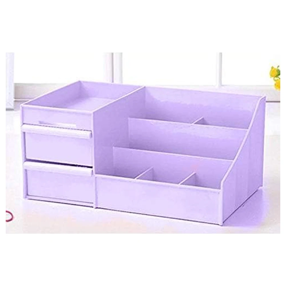 GulfDealz Purple Makeup and Jewellery Organiser Box with 2 Drawers and Divided Open Compartments, Desktop Cosmetic Storage Case 28.5 x 17.8 x 13.5 cm