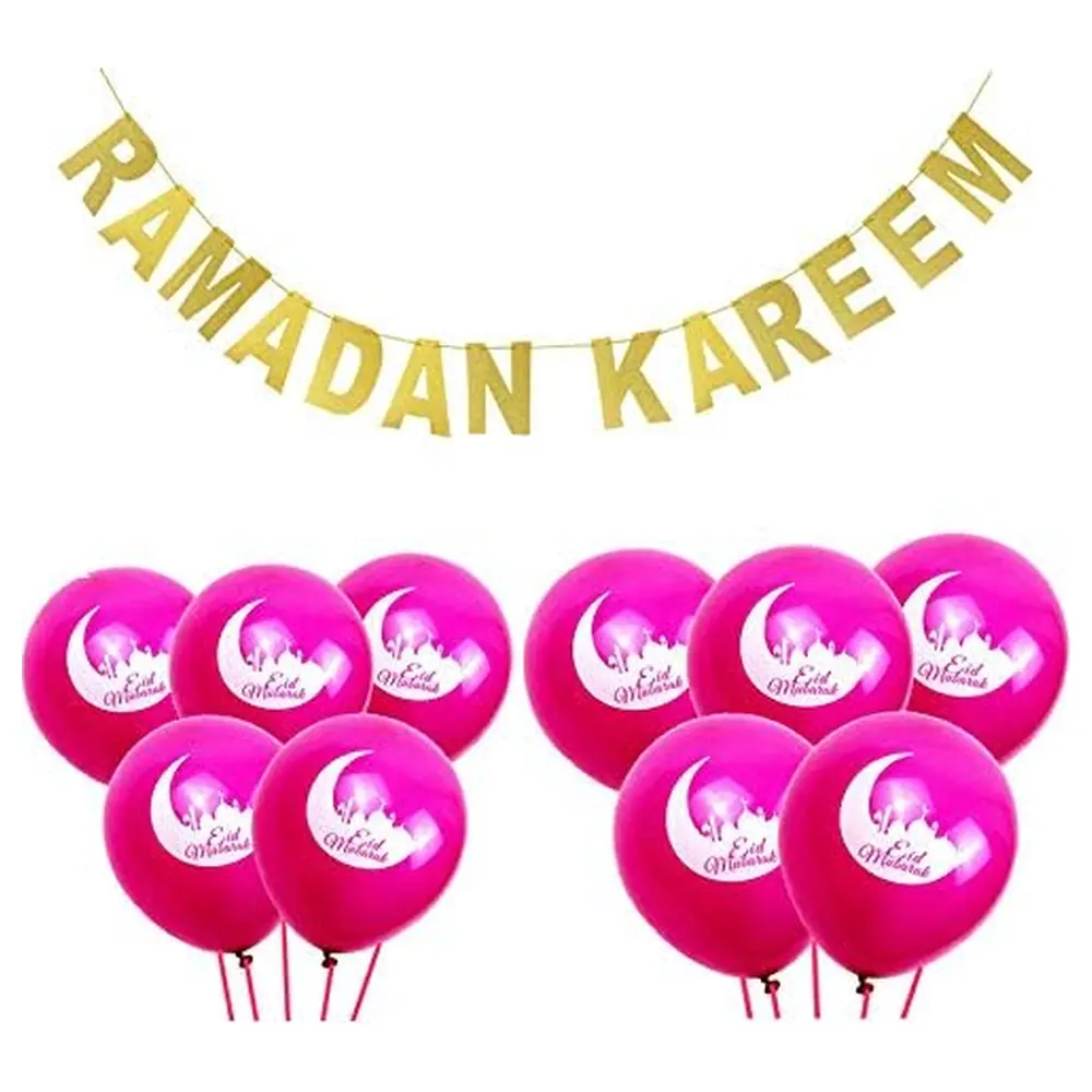 GulfDealz Ramadan Kareem Decoration Set with Gold Glitter Letter Banner and Pink Latex Balloons with Crescent and Mosque Print, Iftar Party Decor
