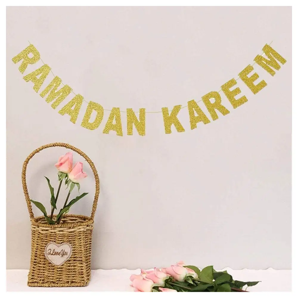 GulfDealz Ramadan Kareem Decoration Set with Gold Glitter Letter Banner and Pink Latex Balloons with Crescent and Mosque Print, Iftar Party Decor - Image 5