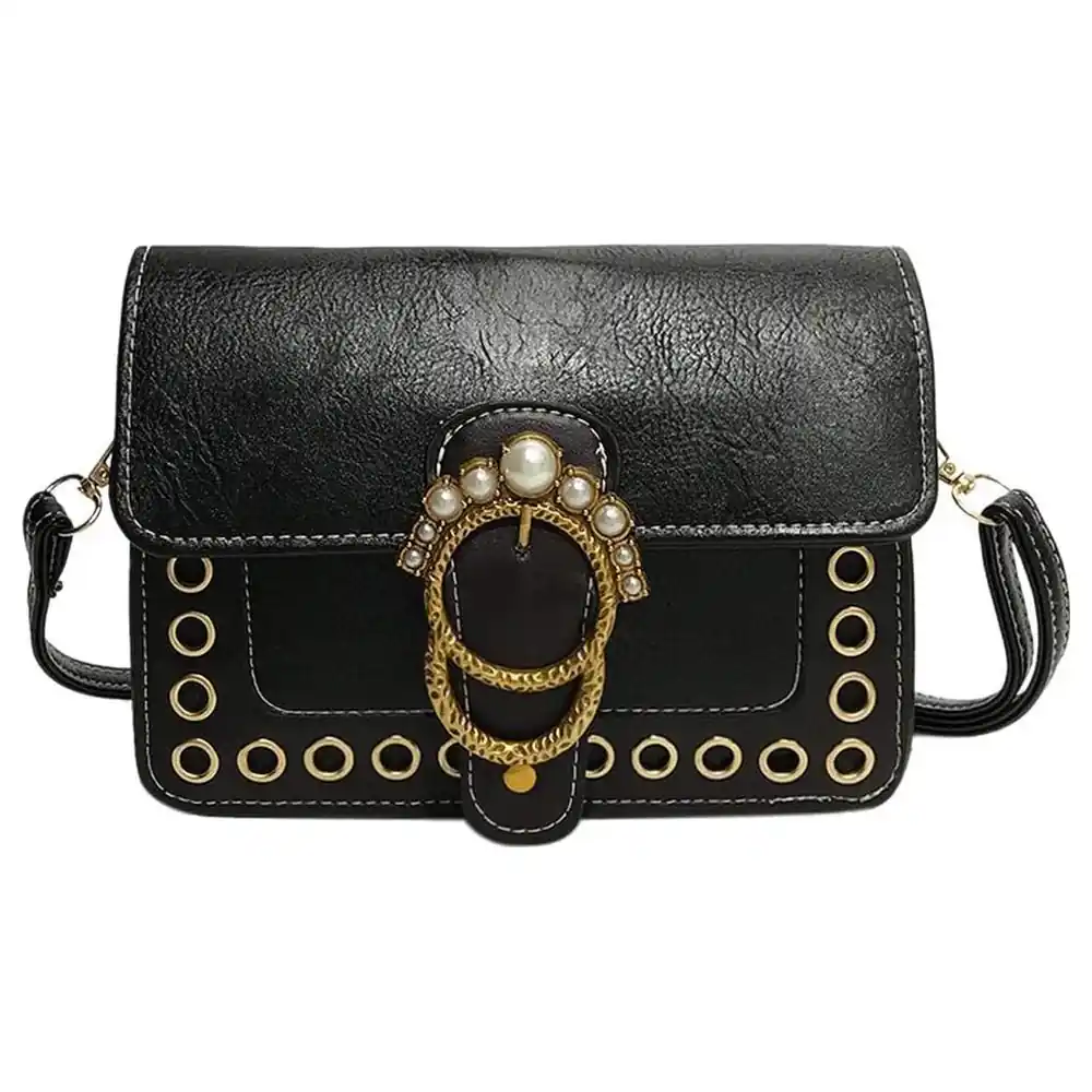 GulfDealz Retro Crossbody Bag for Women with Pearl Crown Gold-Tone Buckle Flap, Magnetic and Zip Closure, Back Slip Pocket, Adjustable Strap, PU Leather, Black