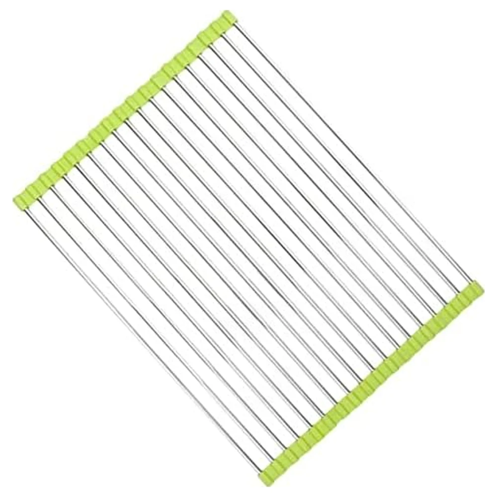 GulfDealz Roll-Up Over the Sink Dish Drying Rack 37 x 28 cm, Foldable 304 Stainless Steel with Anti-Slip Silicone Edges, Heat Resistant Kitchen Drainer, Green