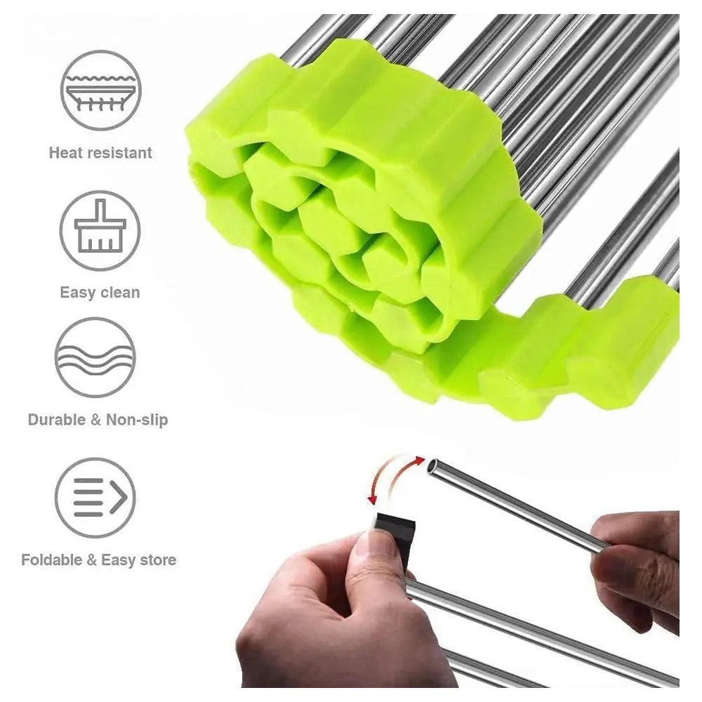 GulfDealz Roll-Up Over the Sink Dish Drying Rack 37 x 28 cm, Foldable 304 Stainless Steel with Anti-Slip Silicone Edges, Heat Resistant Kitchen Drainer, Green - Image 3