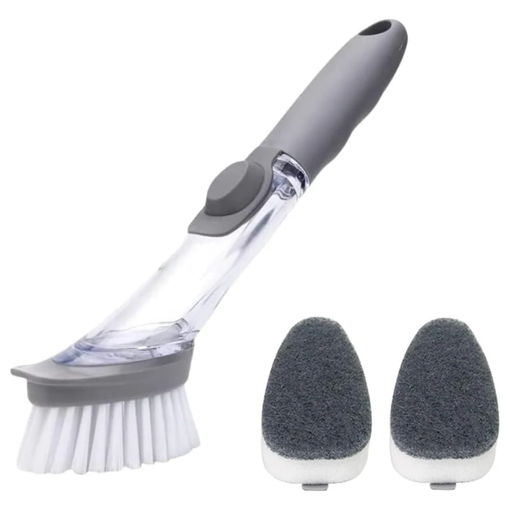 GulfDealz Soap Dispensing Dish Brush with Long Non-Slip Handle, Refillable Liquid Reservoir, 1 Brush Head and 2 Replacement Sponges, Grey