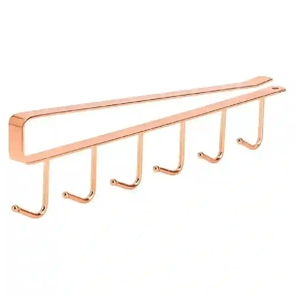 GulfDealz Under-Shelf Hanging Mug Rack with 6 Hooks, Rose Gold Slide-On Cup and Utensil Holder for Kitchen Cabinets, Closets and Bathrooms, No Screws Needed