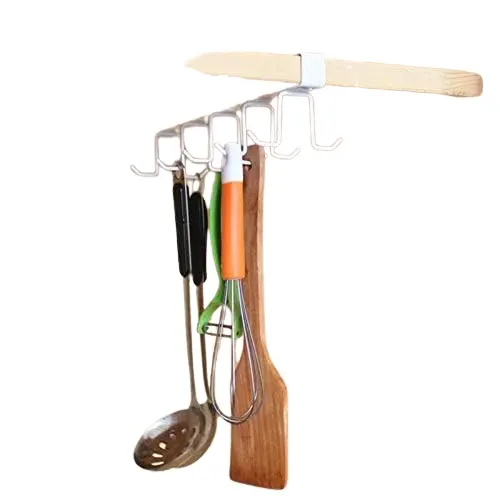GulfDealz Under Shelf Metal Hanging Hook Rack for Kitchen Cabinets, White Clip-On Double-Hook Organizer for Utensils, Ladles and Spatulas