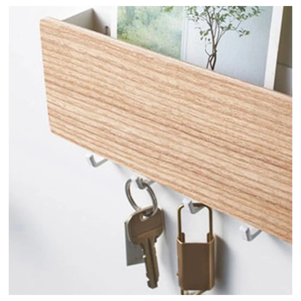 GulfDealz Wall Mounted Wooden Key Holder with 5 Hooks and Mail Slot, Entryway Organiser Rack for Keys, Letters and Accessories, Natural Wood Finish - Image 3