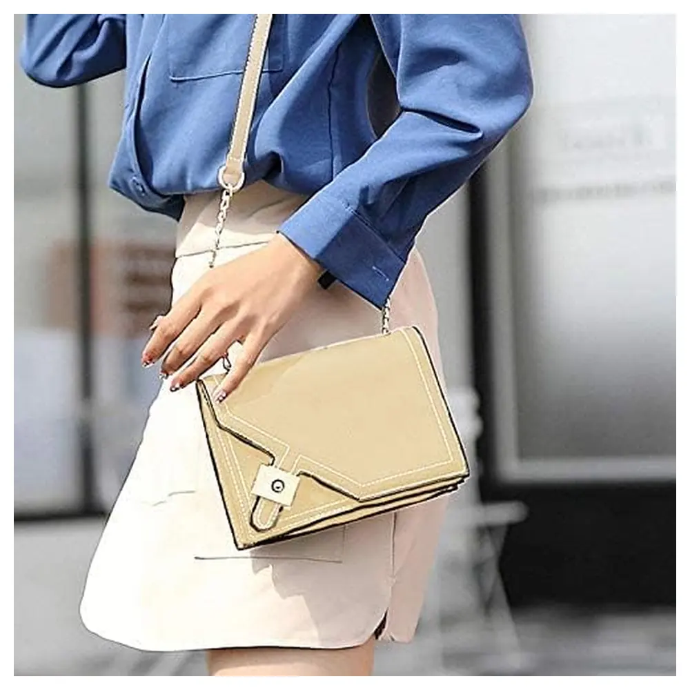 GulfDealz Womens Flap Crossbody Bag with Long Chain Strap and Magnetic Clip Lock, Synthetic Leather Rectangle Shoulder Purse with 2 Compartments, Beige - Image 3