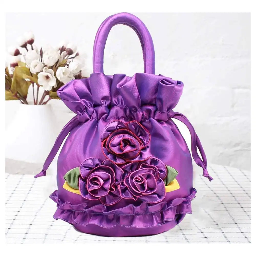 GulfDealz Women's Rose Drawstring Bucket Bag with Top Handle and Ruffle Trim, Polyester Cosmetic and Phone Pouch, 20 x 18 cm, Purple