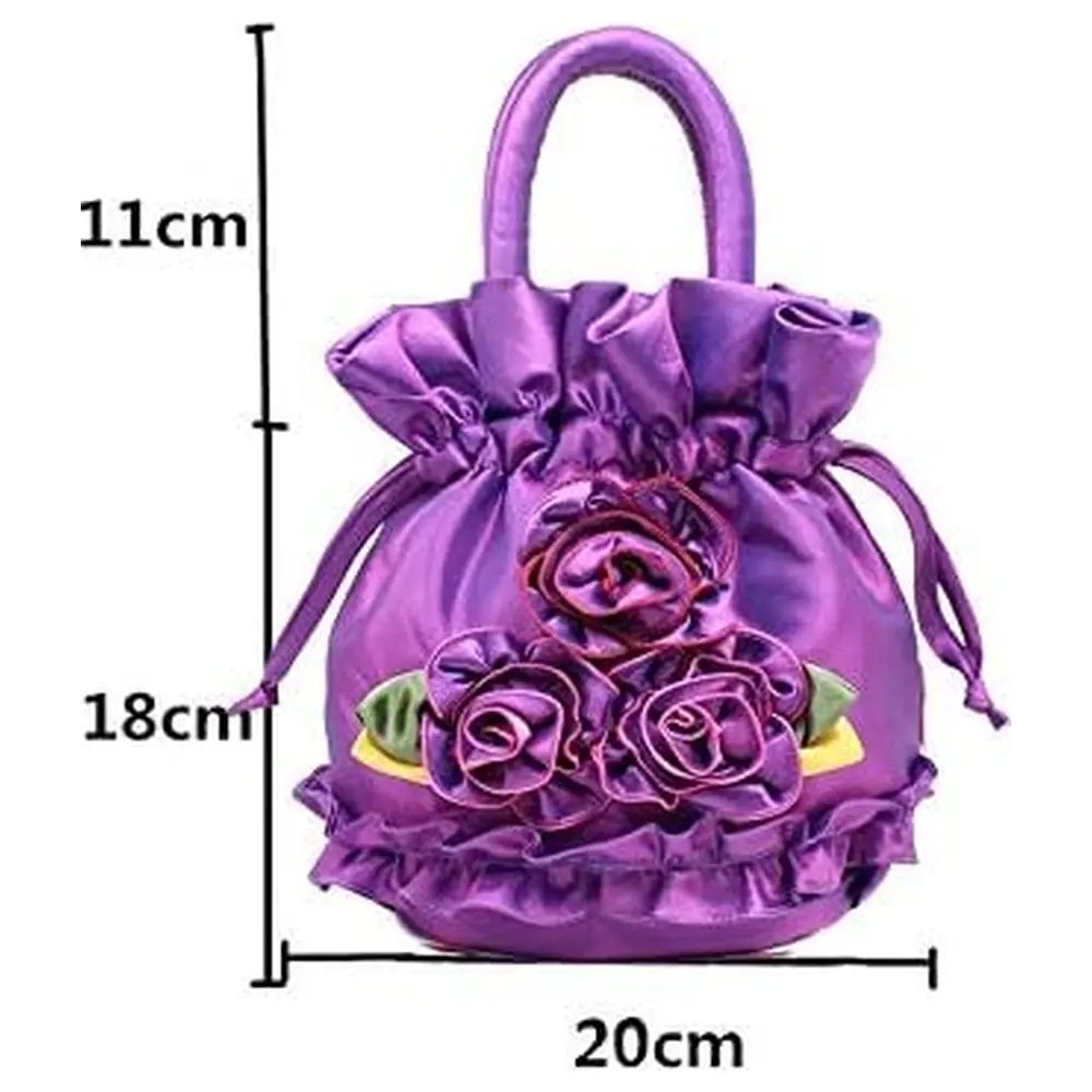 GulfDealz Women's Rose Drawstring Bucket Bag with Top Handle and Ruffle Trim, Polyester Cosmetic and Phone Pouch, 20 x 18 cm, Purple - Image 4