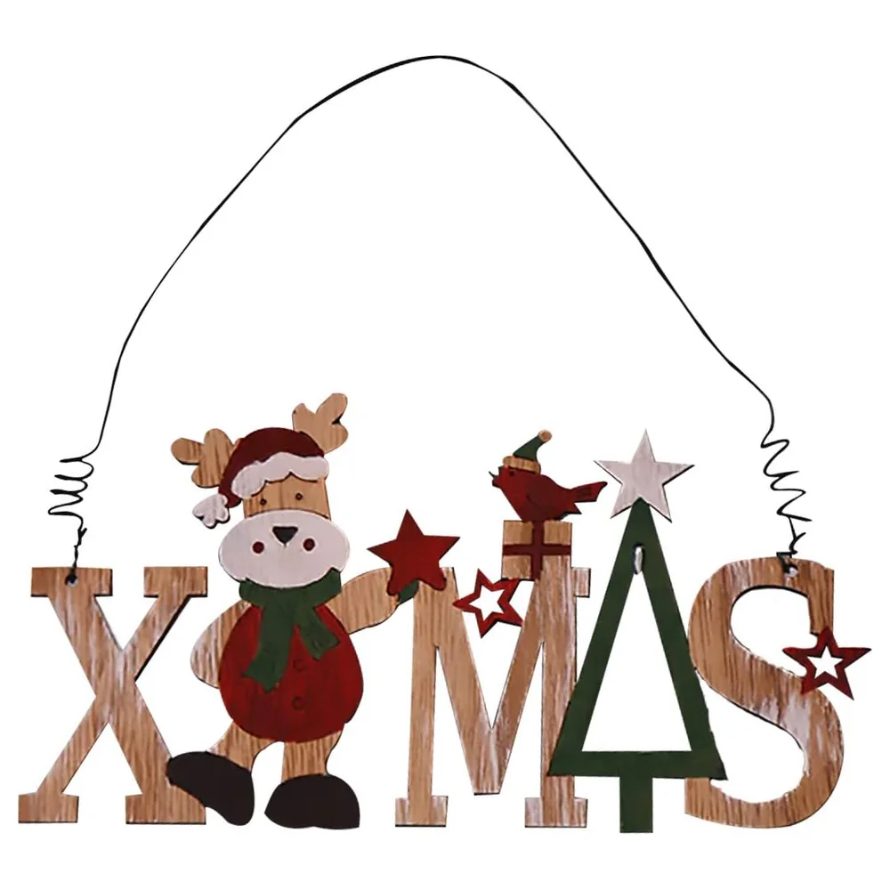GulfDealz Wooden XMAS Hanging Christmas Ornament with Reindeer, Christmas Tree and Stars Design, Lightweight Festive Tree and Door Decoration, Multicolour - Image 2