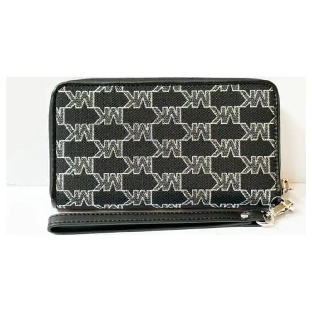 Michael Kors Jet Set Travel Large Flat Phone Case Wallet, Black MK Logo Jacquard Zip-Around Wristlet with Card Slots and Wrist Strap