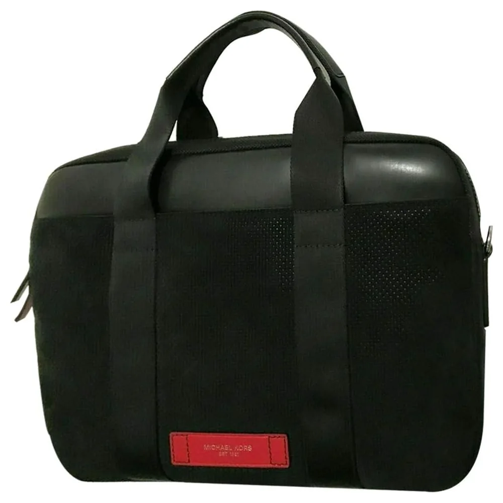 Michael Kors Kent Soft Briefcase Messenger Bag with Perforated Front Panel, Smooth Top Panel and Red Logo Patch, Black and Red