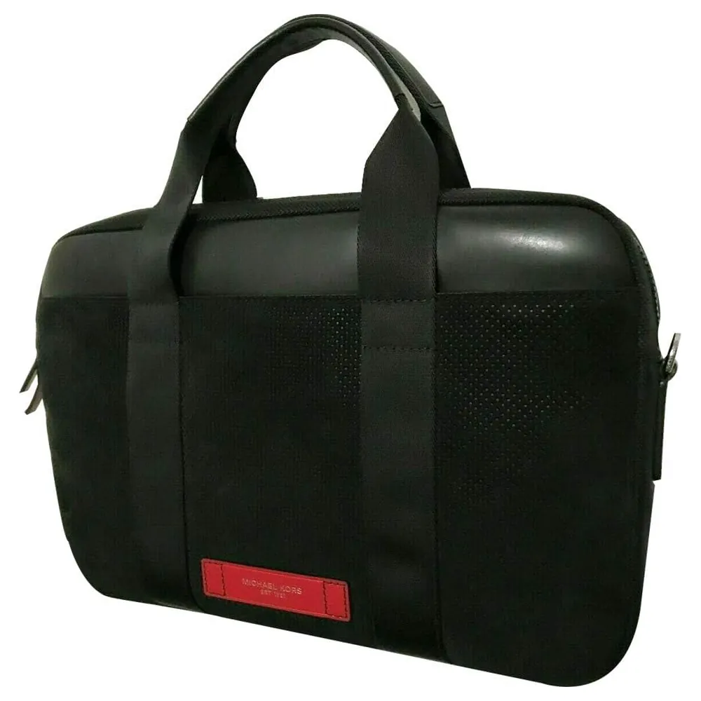Michael Kors Kent Soft Briefcase Messenger Bag with Perforated Front Panel, Smooth Top Panel and Red Logo Patch, Black and Red - Image 2