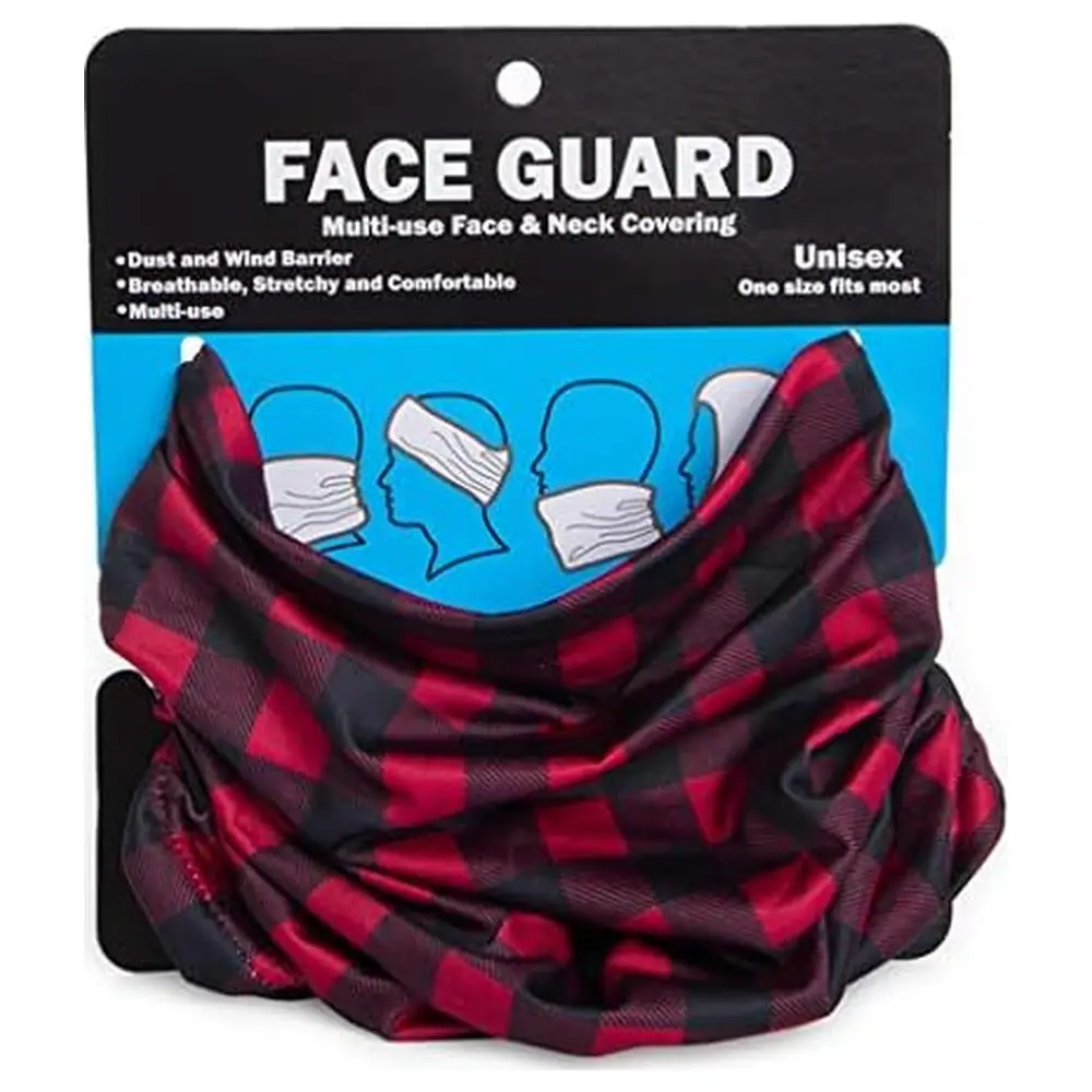 Multi-Use Neck Gaiter Face Covering, Stretchy Breathable Polyester and Elastane, Unisex One Size, Red and Black Buffalo Check - Image 2