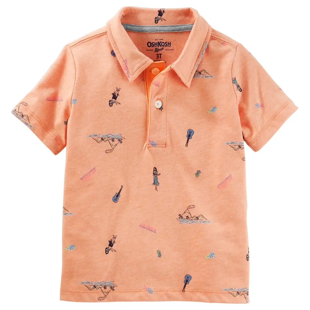 OshKosh B'gosh Boys Short Sleeve Polo Shirt with Allover Aloha Print and Button Placket, Coral - Image 2
