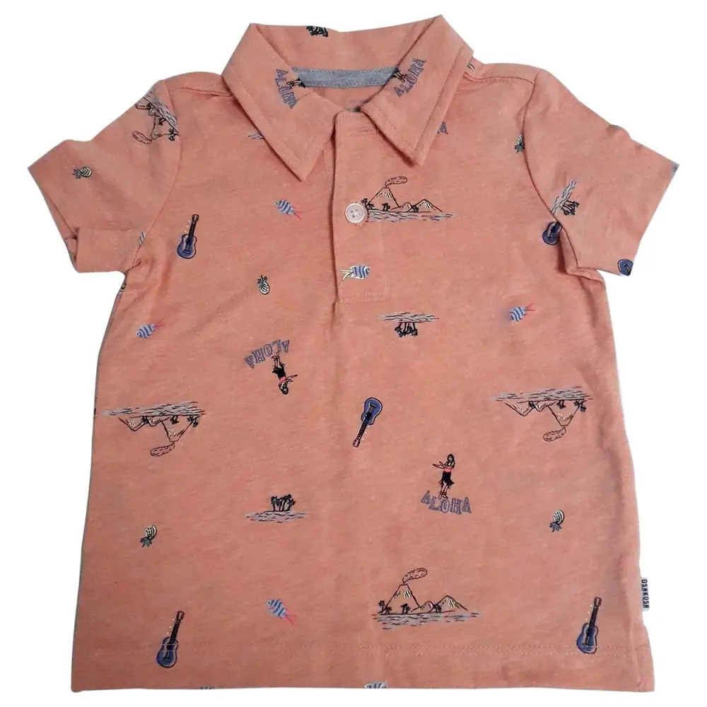 OshKosh B'gosh Boys Short Sleeve Polo Shirt with Allover Aloha Print and Button Placket, Coral - Image 3