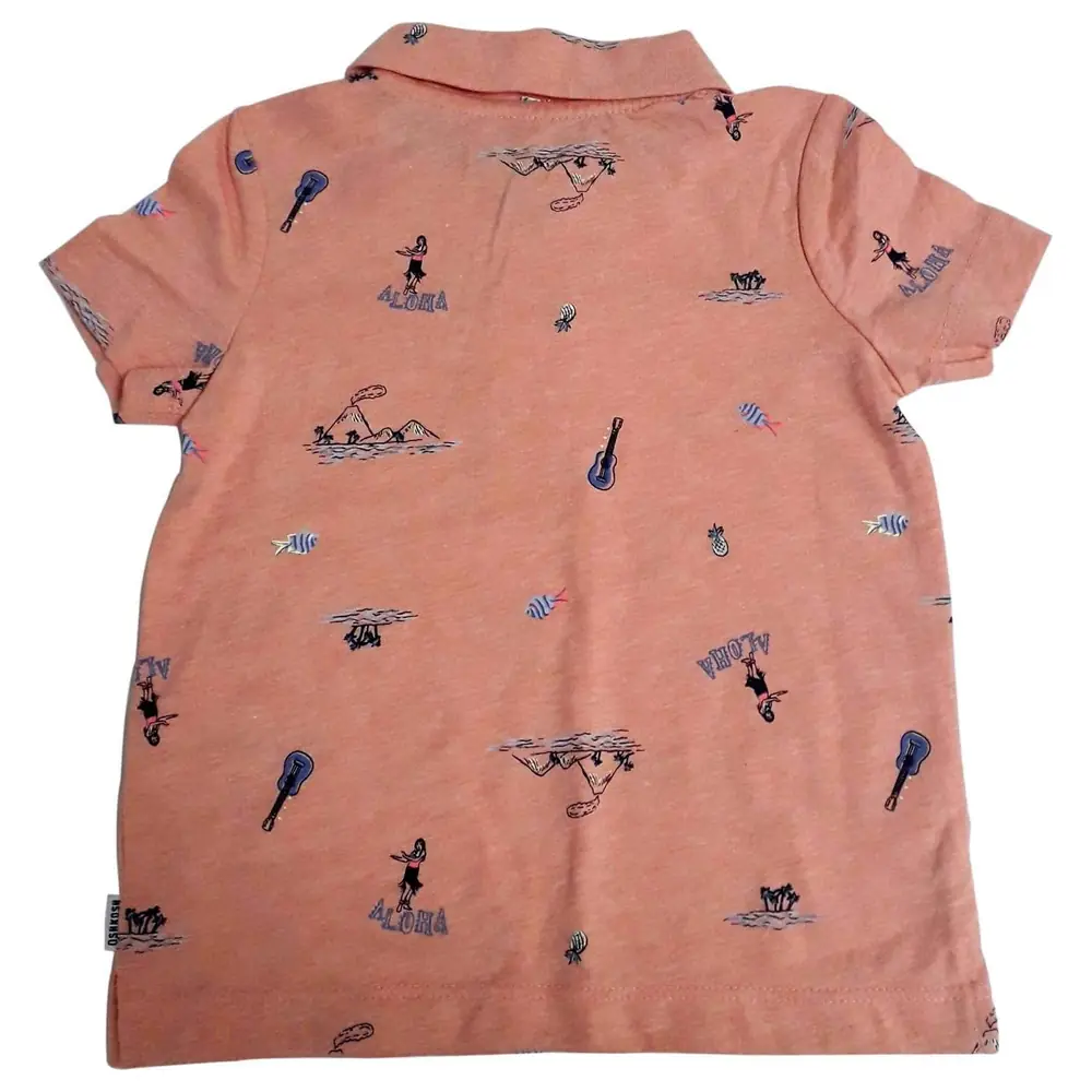 OshKosh B'gosh Boys Short Sleeve Polo Shirt with Allover Aloha Print and Button Placket, Coral - Image 4