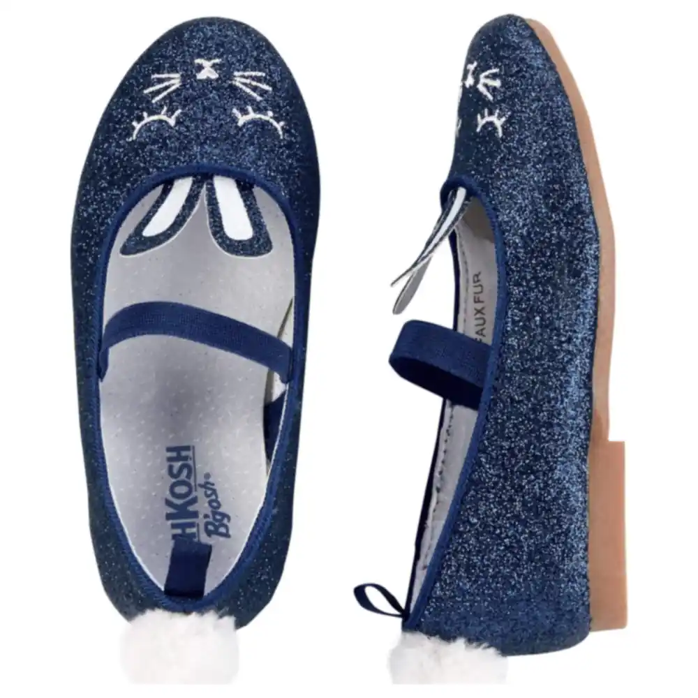 OshKosh B'gosh Girls Bunny Sparkle Flats Buffy2-01 with Glitter Upper, 3D Ears and Pom-Pom Tail, Elastic Strap Slip-On, Size 8 US, Blue - Buffy2-01