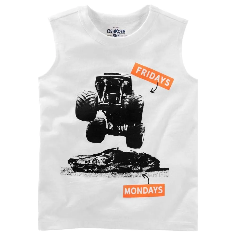 OshKosh B'gosh Kids Fridays and Mondays Monster Truck Graphic Muscle Tank, Cotton, White, 6Y (114-122 cm)