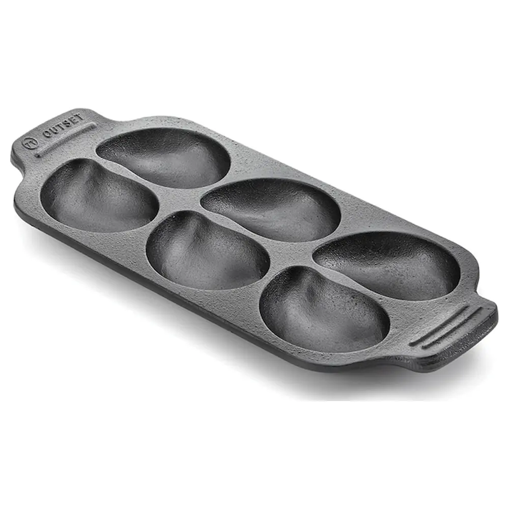 Outset 76372 Cast Iron Oyster Grill Pan, 6-Section Heavy Duty Pan for Grilling, Baking and Serving Oysters, Black - 76372 - Image 2
