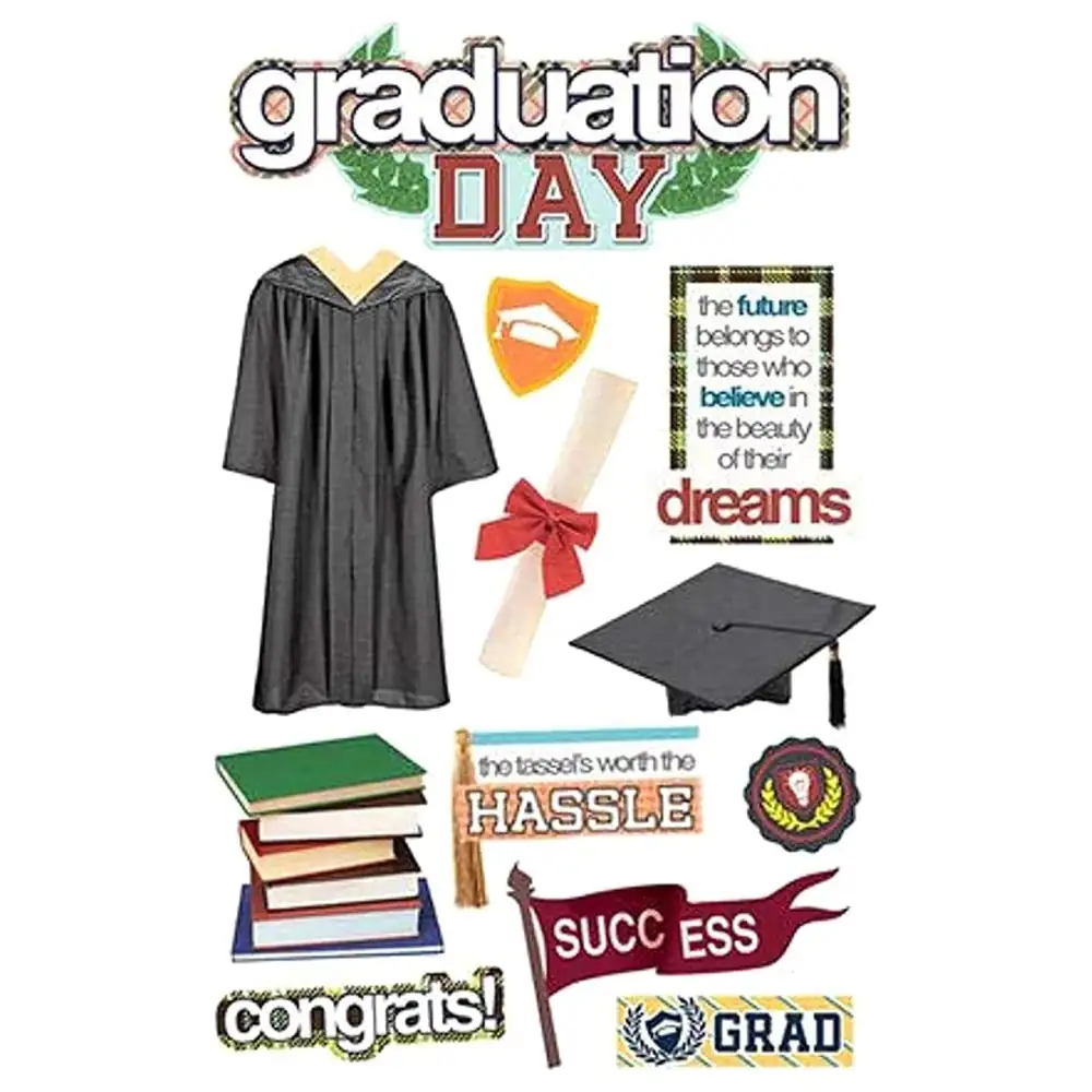 Paper House Productions Graduation Day 3D Dimensional Stickers, 12 Piece Embellished Scrapbook Sticker Pack, Acid and Lignin Free - STDM-0189E