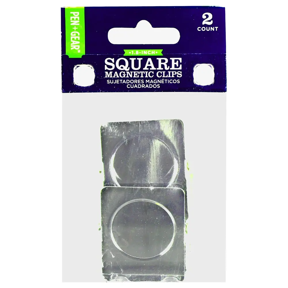 Pen+Gear Square Magnetic Clips, 1.8 Inch Silver Memo Clips for Fridge, Whiteboard and Office, Pack of 2