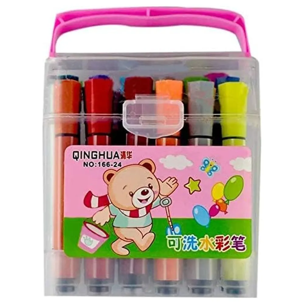 Qinghua Fine Tip Washable Art Markers 24 Colours, Water-Based Fibre Tip Pens in Carry Case for Kids Colouring and Drawing - 166-24