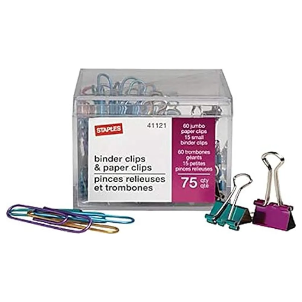 Staples Binder Clips and Paper Clips Value Pack, 75 Pieces with 15 Small Binder Clips and 60 Jumbo Paper Clips, Assorted Metallic Colours - 41121
