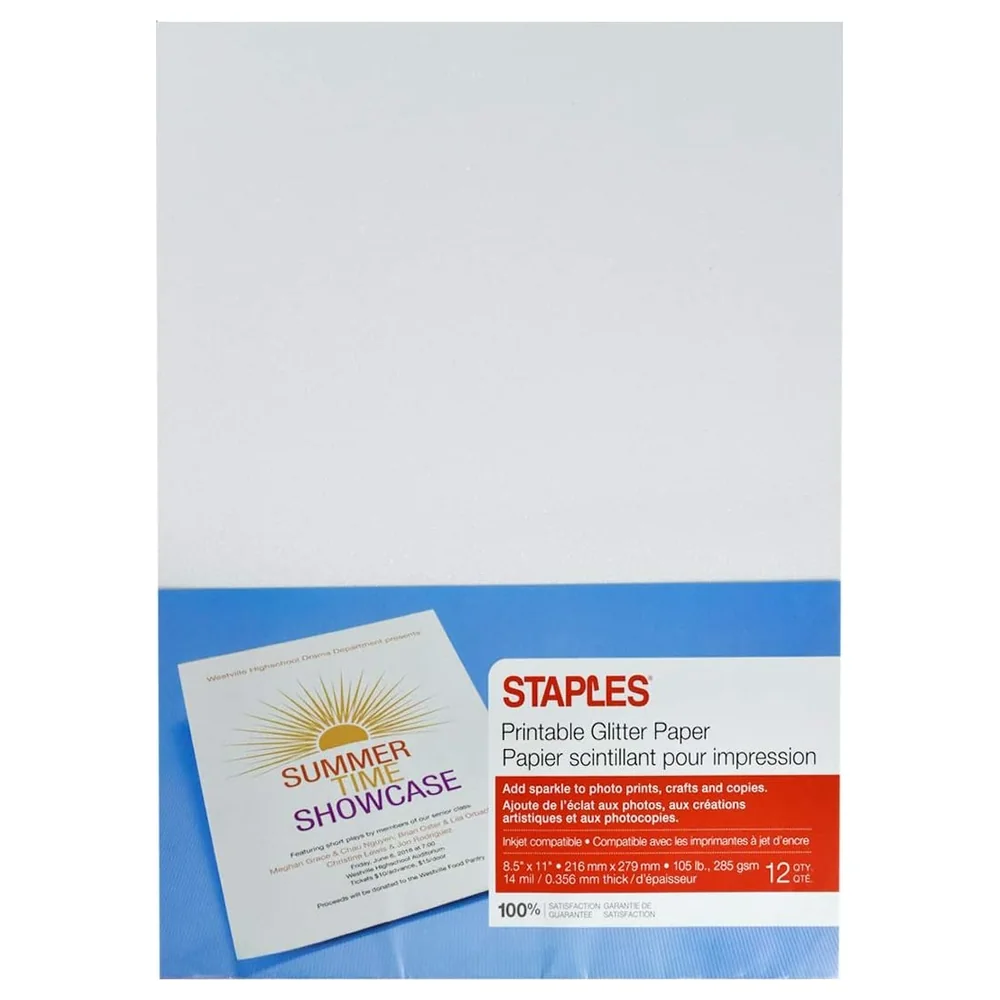 Staples Printable Glitter Paper for Inkjet Printers, 8.5 x 11 Inch, 285 gsm Heavyweight Sheets, Pack of 12, White
