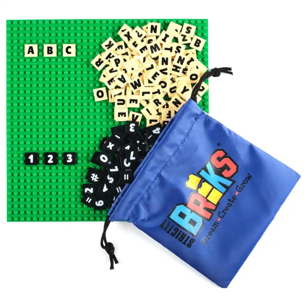 Strictly Briks AlphaBriks and MathBriks Set with 10x10 Inch Green Stackable Baseplate, 200 Letter and Number 2x2 Tiles