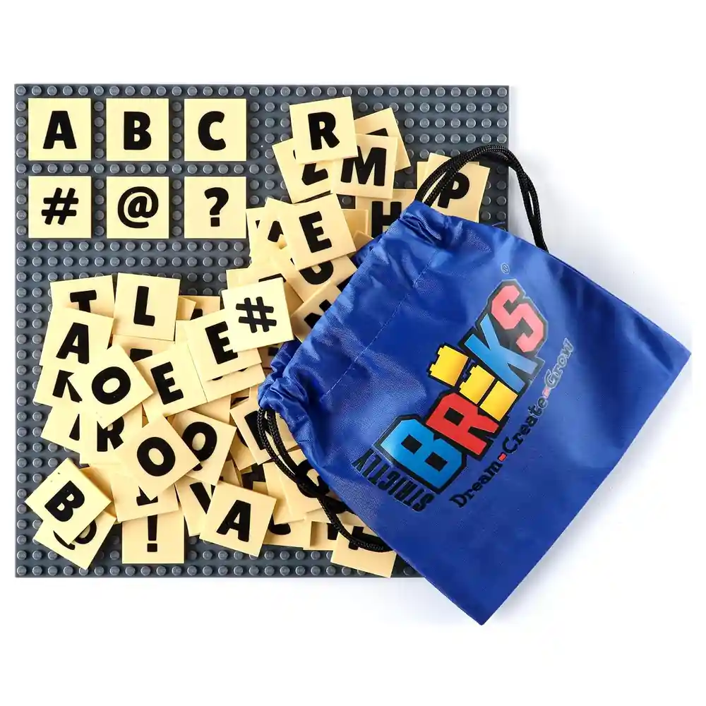 Strictly Briks AlphaBriks Spelling Set with 100 Letter and Symbol Tiles and 10 x 10 Inch Grey Stackable Baseplate, Fits Major Brick Brands