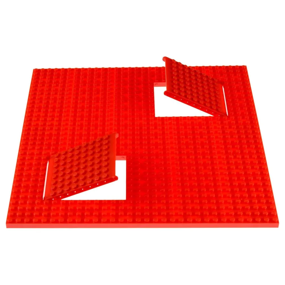 Strictly Briks Classic Trap and Gap Stackable Baseplate Set, 10 x 10 Inch Red Baseplate with Trap Doors, Ramps and 5 Stackers