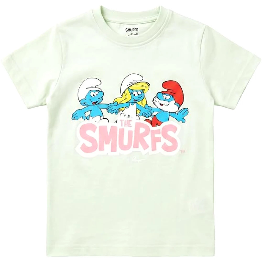 The Smurfs Family Girls T-Shirt, 100 Percent Cotton, Crew Neck, Regular Fit, Casual Wear, 7-8 Years, Pastel Green - TU25947-7-8