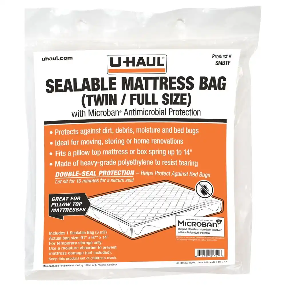 U-Haul Sealable Mattress Bag Twin Full Size, Heavy-Grade 3 Mil Moving and Storage Cover with Double Seal and Microban Protection - SMBTF