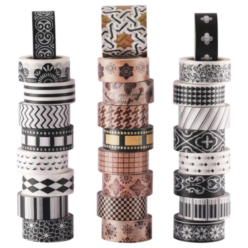 WAPETASHI 27 Roll Washi Tape Set in Black, White and Retro Patterns, 15mm and 30mm Decorative Masking Tape for Scrapbooking, Journals and Gift Wrap
