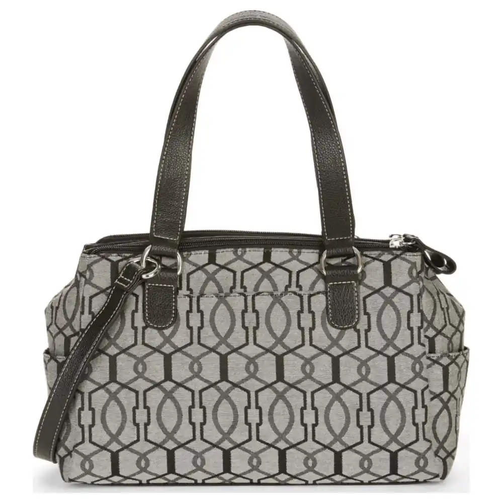 Women's Satchel Handbag with Geometric Pattern, Double Top Handles, Shoulder Strap and Zip Pockets, Charcoal - Image 2