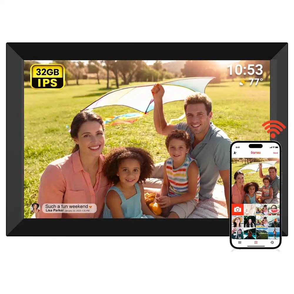 AKImart 10.1 Inch WiFi Digital Photo Frame, 1280x800 IPS Touch Screen, 32GB Built-in Memory, Auto-Rotate Portrait and Landscape, Share Photos and Videos by App, Black