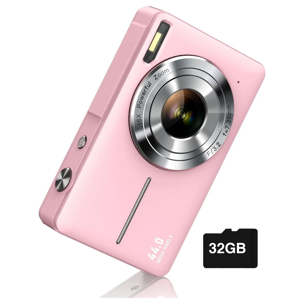 CAMKORY Digital Camera for Kids and Beginners, 44MP Photos, FHD 1080P Video, 16X Digital Zoom, Anti-Shake, 32GB SD Card and 2 Rechargeable Batteries, Pink