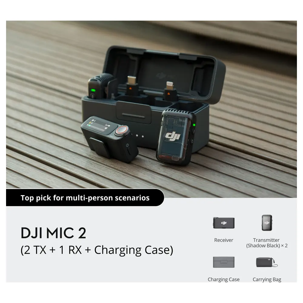 DJI Mic 2 Wireless Microphone Kit 2 TX + 1 RX + Charging Case, Intelligent Noise Cancelling, 32-bit Float Internal Recording, 250m Range, Shadow Black - Image 9
