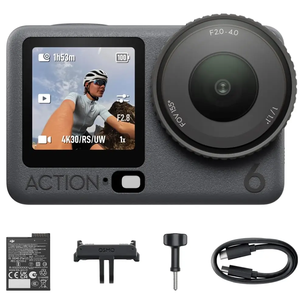 DJI Osmo Action 6 Standard Combo 4K120fps Action Camera with Square CMOS Sensor, Variable f2.0-f4.0 Aperture, 20m Waterproof Body and 240-Minute Battery Life