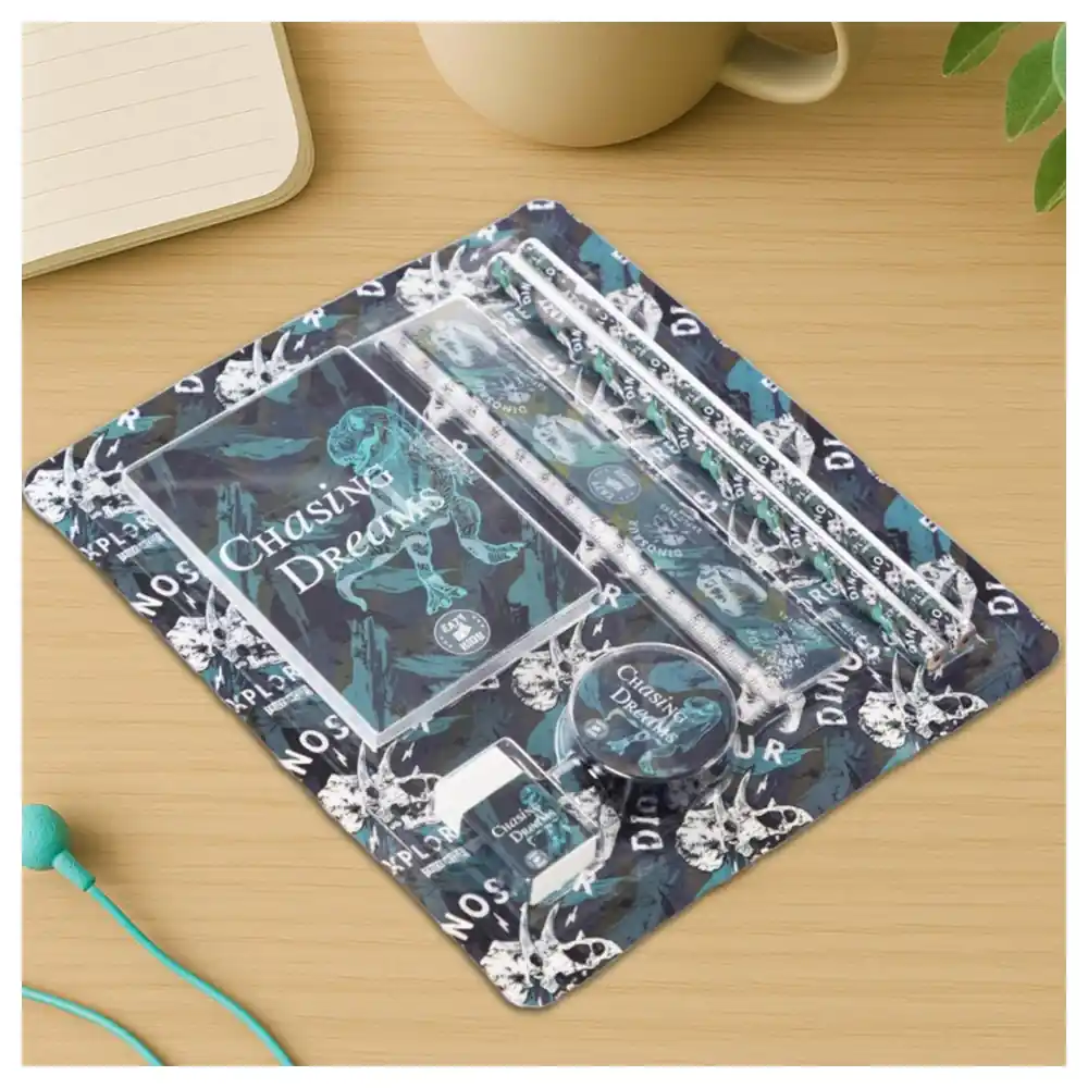 Eazy Kids 6-Piece Stationery Set, Chasing Dreams T-Rex Dinosaur Design with 2 Pencils, Ruler, Eraser, Sharpener and Sticky Notes, Grey - EZ_SS6_CDGY - Image 2