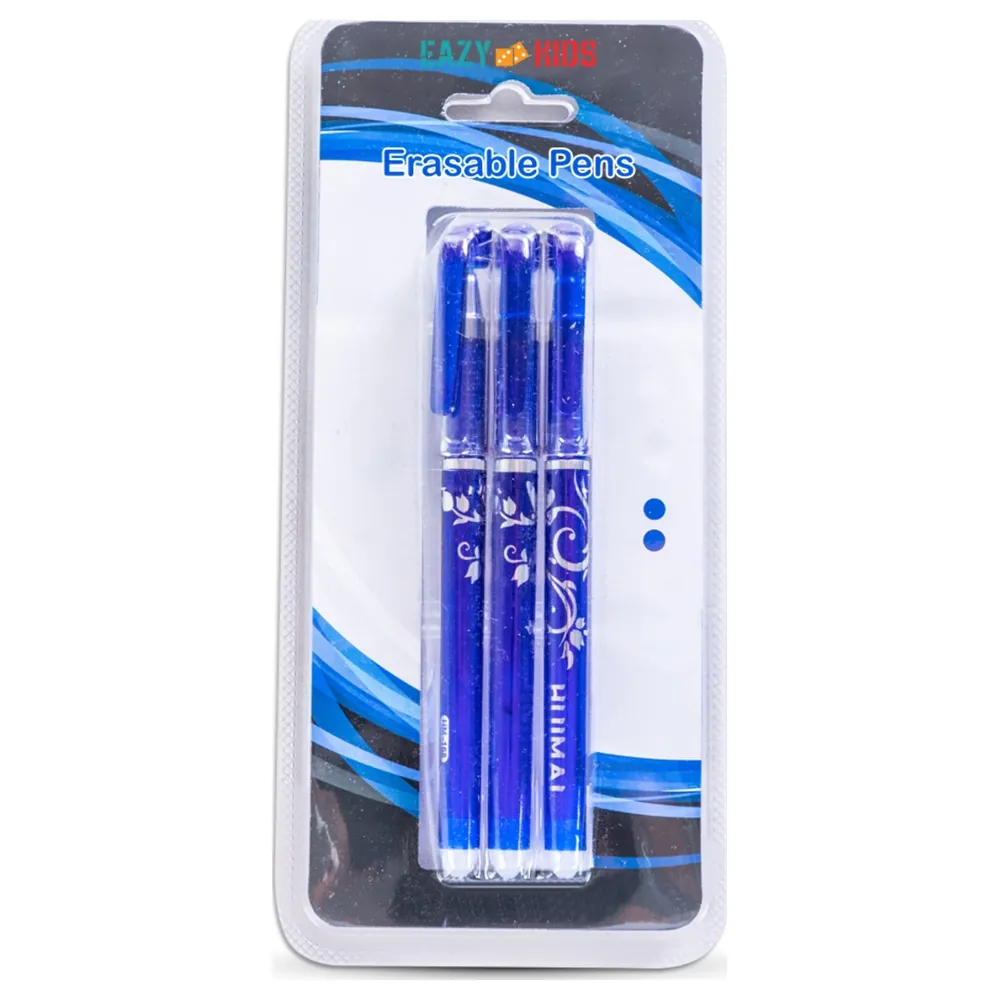 Eazy Kids Erasable Gel Pens Pack of 3, Blue Ink with 0.7mm Metal Tip, Built-In Eraser and Quick-Drying Smooth-Flow Ink for School and Office - EZ_ERPENS3_BU