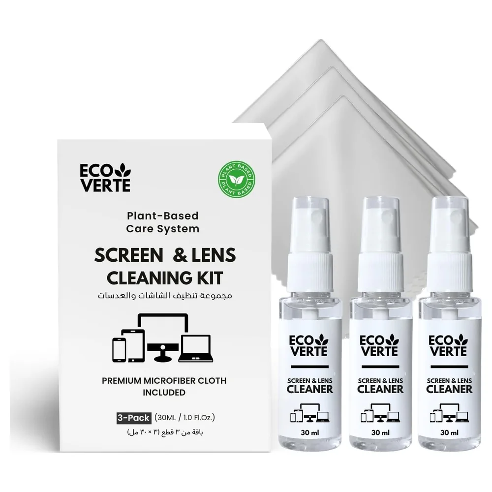 EcoVerte Screen and Lens Cleaner Kit, 3 x 30ml Plant-Based Cleaning Spray with 3 Microfiber Cloths for Phone, Laptop, TV, Camera Lens and Glasses