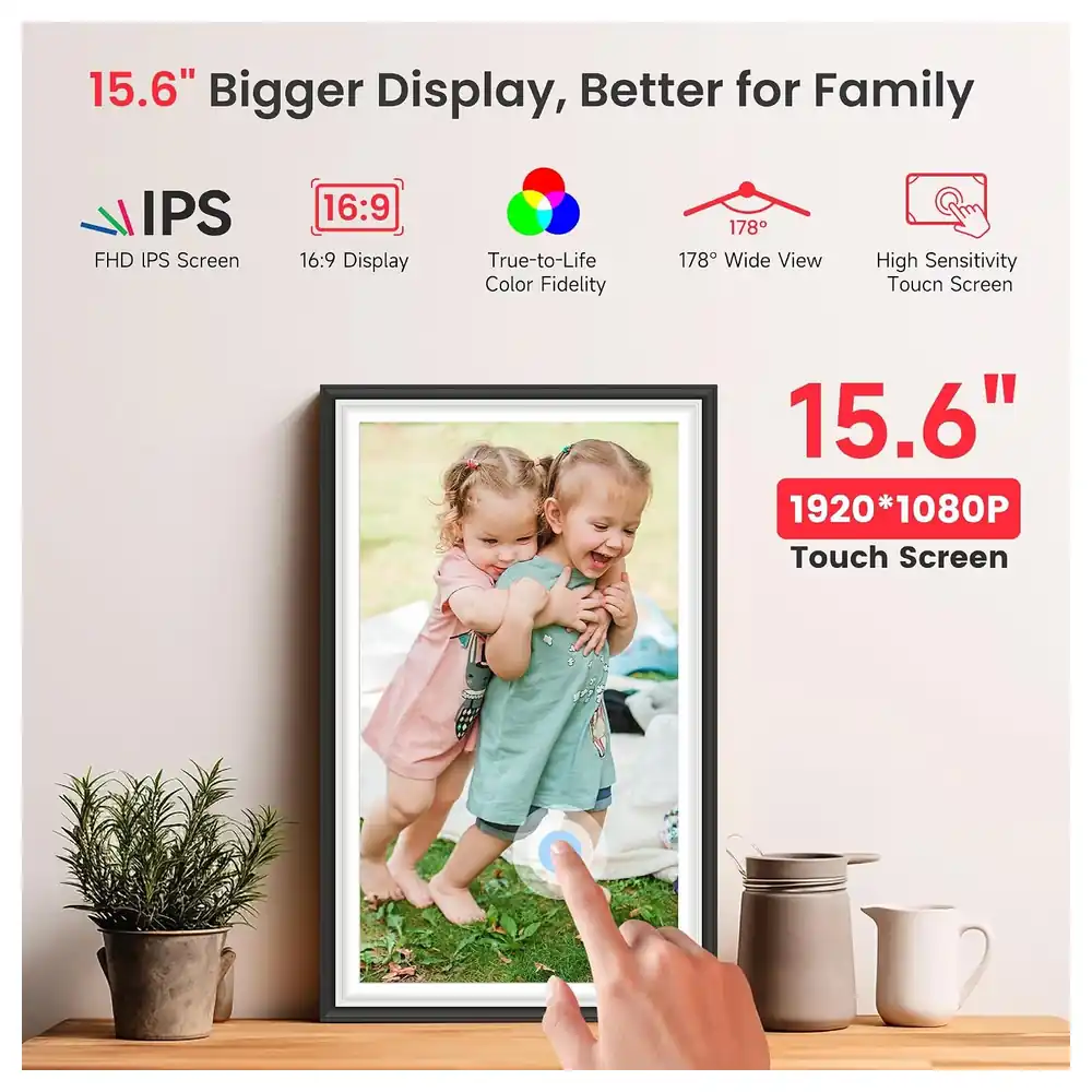 FANGOR 15.6 Inch WiFi Digital Photo Frame with 1920x1080 FHD IPS Touch Screen, 64GB Memory, Frameo App Sharing, Auto-Rotate and Wall Mount - Image 2