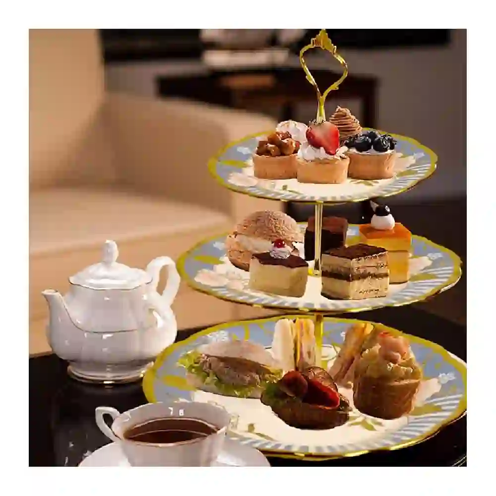 GulfDealz 3 Tier Ceramic Cake Stand with Floral Scalloped Plates 32 18 and 15 cm and Gold Tone Stainless Steel Fittings Dessert and Fruit Serving Tower